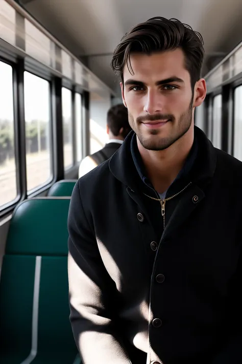 realistic , handsome european man ,inside train