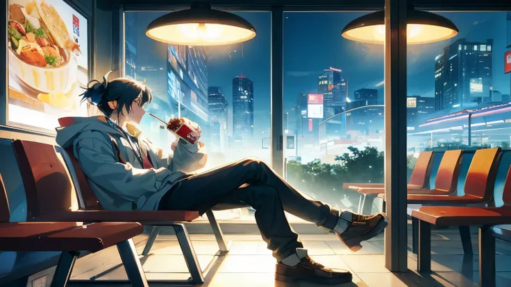 anime boy sitting on a bench in a restaurant with a drink, 4k anime wallpaper, anime art wallpaper 8 k, anime art wallpaper 4 k, anime art wallpaper 4k, sitting in a cafe alone, by Yuumei, style of makoto shinkai, sitting alone in a cafe, anime wallpaper 4...