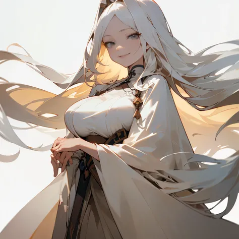 (​masterpiece、top-quality)、Hair with a short neckline、big breast , 1 girl with long white hair、elegant brown dress、Smirk、grey  eyes、Warm lighting、standing, close up, white background.