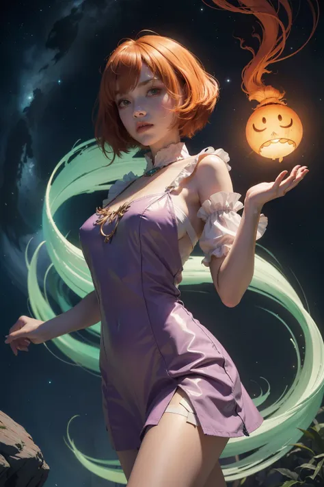 concept art, overhead angle of a Will-o-the-wisp, wearing Funny Somali Emerald deep orange Pinafore, Caramel hair styled as Short hair, fluorescent purple Hair tie, equirectangular 360, Highres,  [(art by Willi Baumeister:1.1), (art by John T. Biggers:1.2)...