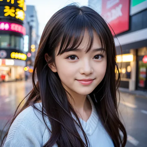 Best-quality, Masterpiece, Ultra-High-Resolution, (Photorealistic:1.4), Raw-Photo, Extremely-Details, Perfect-Anatomy, 1girl, 15-years-old, the most famous Japanese idol, at stormy street, innocent-smile, looking at viewer, extremely cute face like the mos...