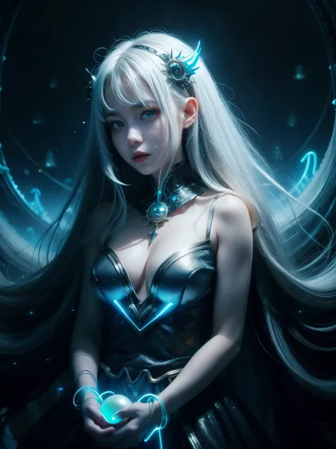 ((upper body)), best quality, masterpiece, a Japanese woman with ((Luminescence white hair)), ((detailed pearl blue eye)), high detailed goddess soul, focus on character, solo, (style swirl magic), solo, from front, front view, looking at viewer, detailed ...