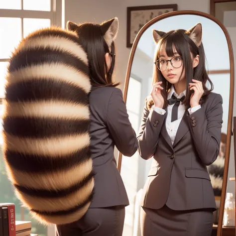 Girl in a business suit looking at herself in the mirror, pov furry art, anthropomorphic raccoon dog, (software) safe for work, commission, software version, high quality, anthro, commission on furaffinity, admire her own reflection, photograph, 最high qual...