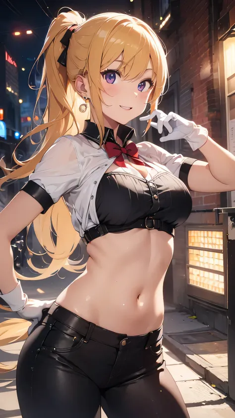 最high quality、best image quality、masterpiece、girl((20-year-old、 By becoming、vest bust、medium bust,wide open breast tea、shining eyes, blonde、long hair、thin,highest valley、ponytail、Very short shirt、short belly sports pants、cool pose、Please bring your smartph...