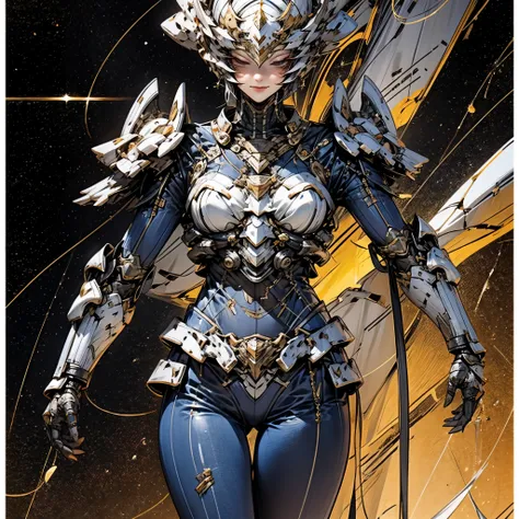 Full body, dark navy space suit, combat posture, sharp creases on the surface of the shell, streamlined curves and transitions, tightly connected abdominal armor showing symmetrical angles, with biological rib like abdominal armor layer by layer covering a...