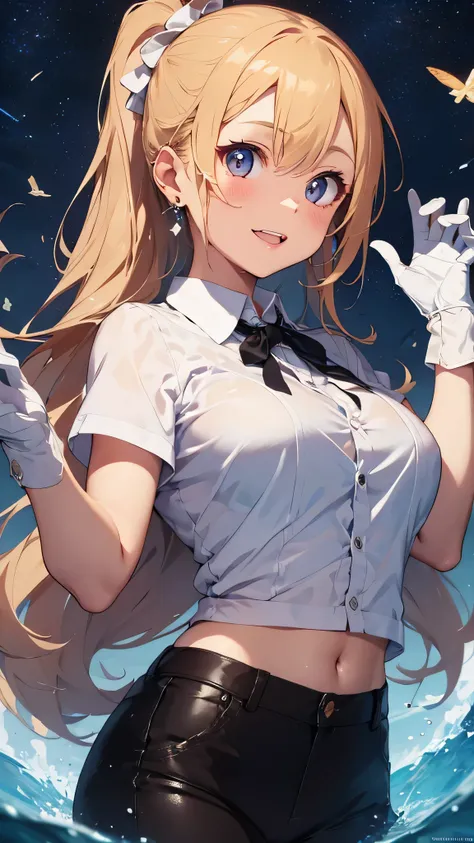 最high quality、best image quality、masterpiece、girl((20-year-old、 By becoming、vest bust、medium bust,wide open breast tea、shining eyes, blonde、long hair、thin,highest valley、ponytail、Very short shirt、short belly sports pants、cool pose、Please bring your smartph...