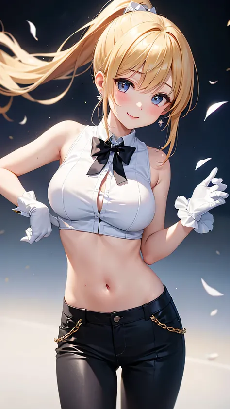 最high quality、best image quality、masterpiece、girl((20-year-old、 By becoming、vest bust、medium bust,wide open breast tea、shining eyes, blonde、long hair、thin,highest valley、ponytail、Very short shirt、short belly sports pants、cool pose、Please bring your smartph...