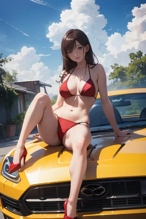 16K, HDR, ray tracing, RTX, ultra realistic, highres, wide angle shot, best quality, masterpiece, full body image, (perfect anatomy ), a beautiful mature milf posing for a photograph sitting on a car roof, wearing a sexy red bikini, long brown hair, bangs,...