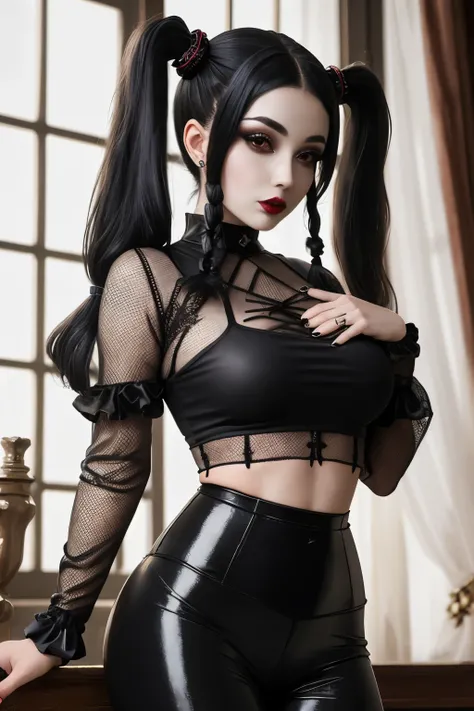 A beautiful Gothic Satanic Witch with black high pigtails hairstyle wearing a transparent mesh top and leather leggings ((best quality)), ((masterpiece)), (detailed), perfect face