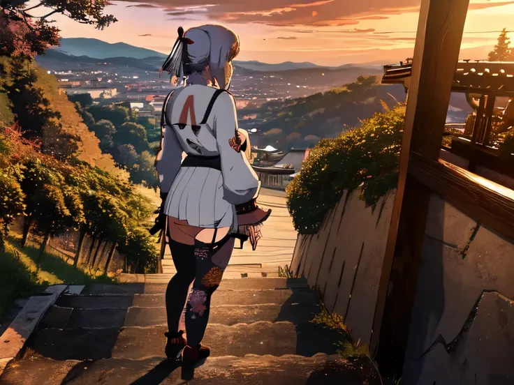 Yagyuu Gisen, Girl standing on stairs from hill during sunset. Dusk, warm light, melancholy entourage, thick thighs, contemplative facial expression, rear side view, European landscape, clearly visible person, pattern print legwear, unusual stockings