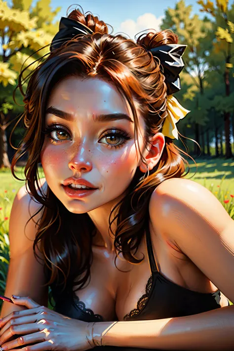 a hyper-realistic portrait of a young woman, in the middle of nature, 22 years old, realistic, (lying on her side), sexy, (huge breasts 2:1), short brown hair, (hair tied with bows), curved, SFW