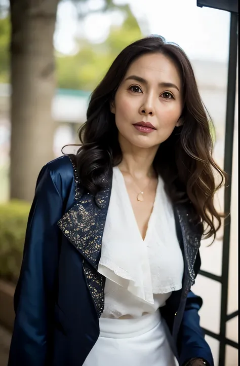 NSFW, ((highest quality)), ((8K)), ((masterpiece:1.3)), (be familiar with), perfect face, ((japanese woman)), (Married woman), ((47 years old)), (((Layering a jacket and blouse))), ((navy blue silk jacket)), (transparent white blouse:1.05), (Knee-length na...