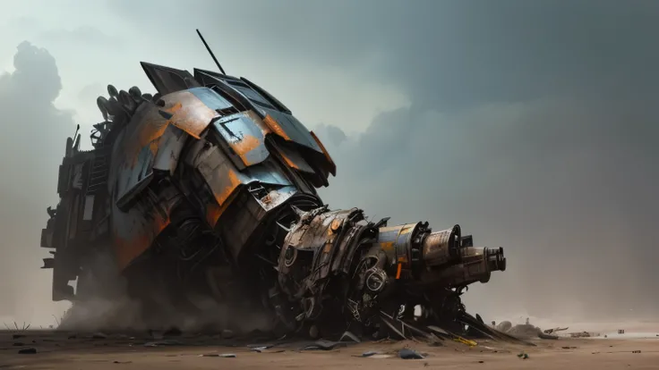 Abandoned Mech, dark rusted metal, damaged (broken,wrecked) mech