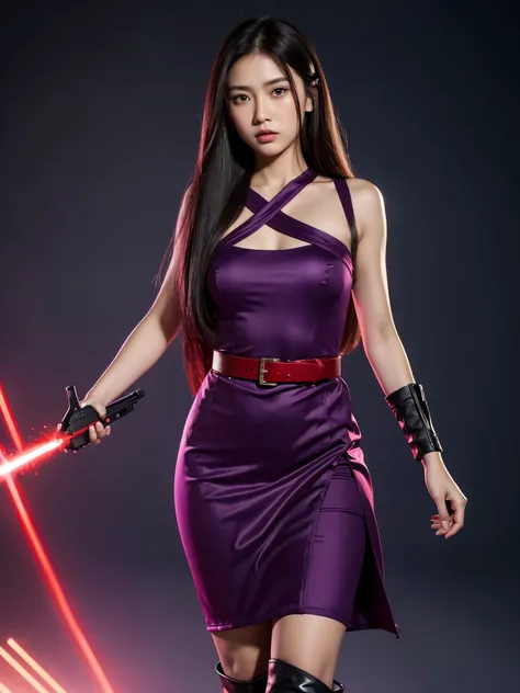 photorealistic rendering, hyperrealistic,
A beautiful girl with a mixed Indonesian and Asian face, long hair, wearing a long purple dress and red belt, and high black boots, standing with a pair of guns in her hands, staring sharply at the enemy, a red las...