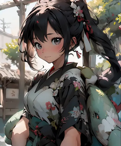 (masterpiece、highest quality、highest quality、official art、beautiful beautiful:1.2)、(1 girl:1.3)Hatsune Miku、twin tails,There is a cartoon picture of a dragon flying in the sky, (((1 Girl riding a dragon))), kimono girl, anime style, Photo album, Ghibli, Ja...