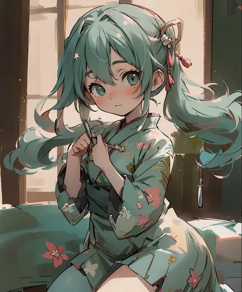 (masterpiece、highest quality、highest quality、official art、beautiful beautiful:1.2)、(1 girl:1.3)Hatsune Miku、twin tails,Photo of a beautiful girl in traditional Chinese dress looking at an ancient Chinese book under a lamp on a low table in an old walled ga...