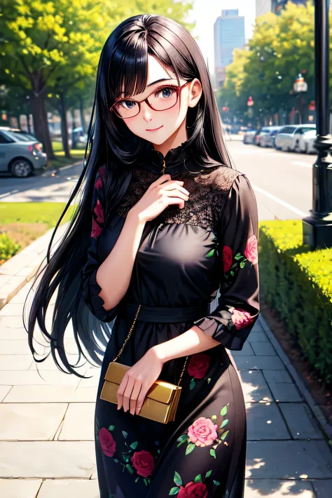 A beautiful woman with long black hair, black eyes, wearing glasses, wearing a floral dress sits in a city park 