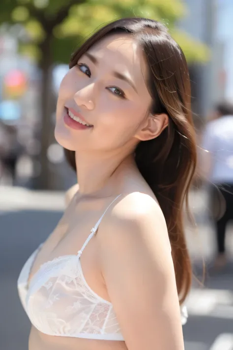 NSFW:1.3:((highest quality、8K resolution、master masterpiece、portrait:1.3)), Photoreal, 35mm film, mature woman:1.5,on the street during the day, wrinkles around the eyes,wrinkles around the mouth、((fancy white lingerie:1.3)) , (outdoors_city street: 1.3), ...