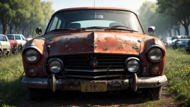 Abandoned cars, dark rusted metal, damaged (broken,wrecked) cars, weeds are growing