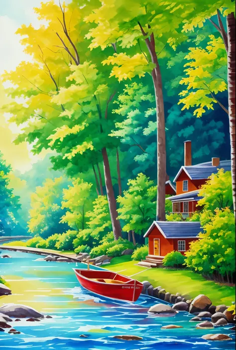 painting of a boat with a sail on a river with a house in the background, traditional painting, vibrant gouache painting scenery, artistic painting, nature painting, painting of beautiful, scenery artwork, in a serene landscape, paiting, water painting, oi...