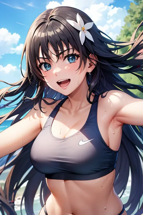 saten_ruiko, 1girl,18yo,black long hair,hair ornament, flower ornament,good anatomy, masterpiece, best quality,realistic, hyperrealistic, 16k hdr,earrings,(nike:1.2)(nike sports bra top,nike bikini bottom:1.2), outdoors,blue sky,strong wind,from below,(hap...