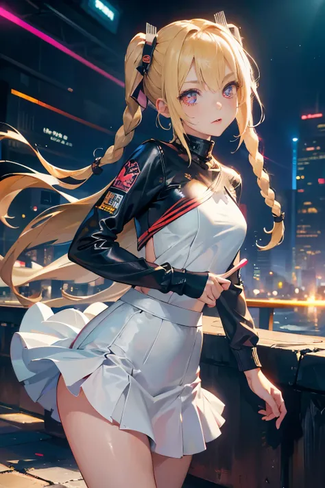 optimum，tmasterpiece，hight resolution，best qualtiy，hyper HD，super detailing，awardwinning，16 K，solo，（The upper part of the body），anatomy correct，Beautiful cyberpunk girl，cute  face，，a blond、Longhaire、Twin-tailed、Braids, Hairline，（（scarlet eyes）），long eyelas...