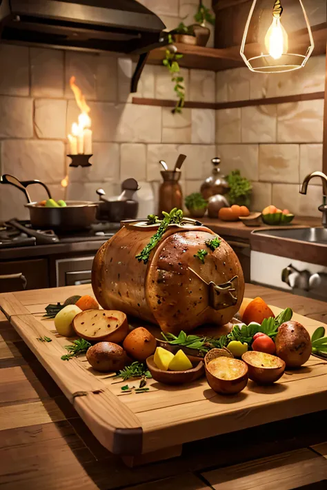 O prompt baseado no tema "Easter Goat Cooking Recipe" poderia ser:

"Easter goat roasted over an open fire, surrounded by aromatic herbs and spices, mouth-watering succulent meat, pele morena perfeitamente dourada, suculento e macio (melhor qualidade,4k,8K...