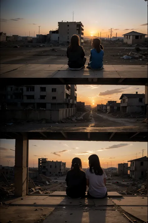 Place desolate by war where you can see buildings and houses in ruins but two children are sitting watching a sunset 