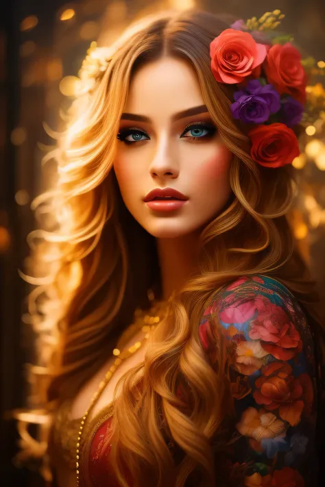 best quality,ultra-detailed,realistic,surreal art,portrait,painting,colorful lighting,dreamlike atmosphere,beautiful detailed eyes,detailed lips,flowing hair,ethereal background,colorful flowers,fantastic elements