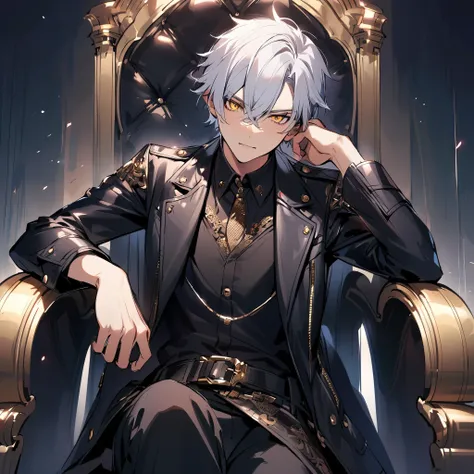 White hair, golden eyes, handsome male, teenager, 17 years old, 17yo, godlike body, sharp eyes, black leather jacket, sitting on a throne