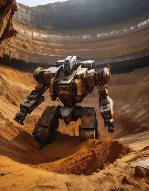 A huge abandoned mecha is being dragged out of a huge, super deep pit by many people.，Covered in rust and mud，Broken body，Sand，archaeological pit，on site，