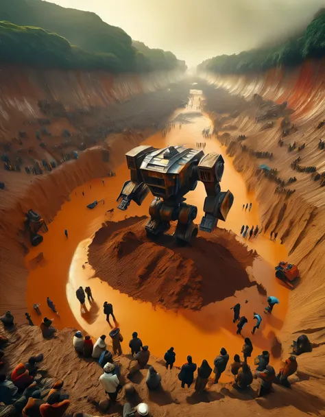 bird&#39;s eye view，The huge scrap mecha is being pulled out of a huge pit，The mecha is covered in rust and running mud.，Broken body，muddy gravel，many people digging，Horrified spectators look into the pit，archaeological pit，on site，3D rendering of A huge o...