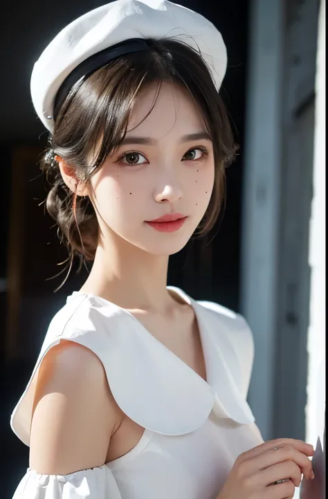 room,idol cloth,masterpiece,highest quality,gray hair, red eyes,white shirt,(black formal hat),(hair clip:1.3),(small mouth mole:1.3),smile,High resolution,4k,black removable sleeves, Upper body,