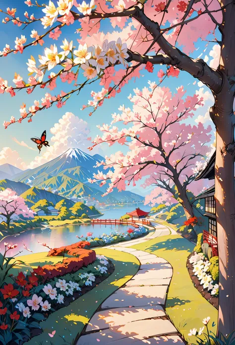 Detailed ukiyo-e of a butterfly garden, Cherry blossom, epic light ,Ukiyo-e, colorful