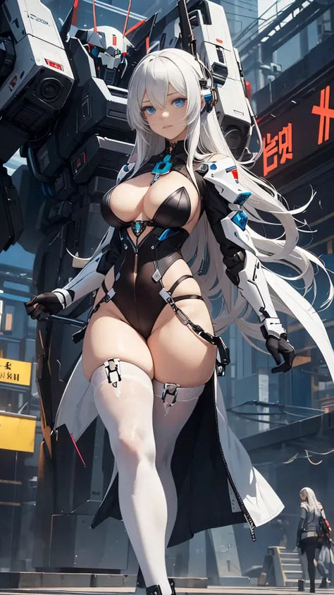 gothic, 18-year-old woman, blue eyes, ginger, frecklres, strands of white hair, cyberpunk girl in front a mecha, mecha factory, goregerous, dramatic lights, realistc, nikon, perfect rendering, lots of accessories and jewelry, thick thighs, tight stockings ...