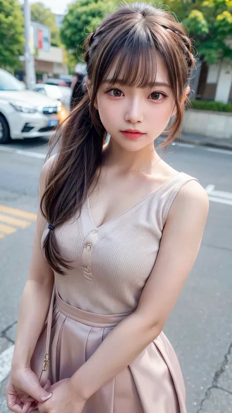 blush,14 years old,Wear neat and clean clothes,wearing a frilly skirt,wearing a collared dress shirt,cute clothes,amusement park,enjoying the date,close up of face,((8k, RAW photo, highest quality, pieces fly:1.2), (reality, realistic:1.4), (Highly detaile...