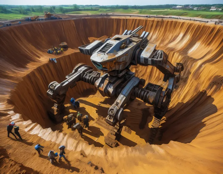 A huge abandoned mecha is being dragged out of a huge, super deep pit by many people.，Covered in rust and mud，Broken body，Sand，archaeological pit，on site，