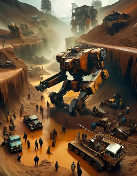 bird&#39;s eye view，The huge scrap mecha is being pulled out of a huge pit，The mecha is covered in rust and running mud.，Broken body，muddy gravel，many people digging，Horrified spectators look into the pit，archaeological pit，on site，3D rendering of A huge o...