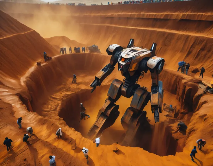 （A huge, useless and paralyzed mecha is being dragged out of a huge, super-deep pit by many people.），Covered in rust and mud，Broken body，Sand，archaeological pit，on site，