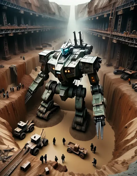 bird&#39;s eye view，（The huge scrap mecha is being pulled out of a huge pit），steel wire，The crane mech is covered in rust and running mud.，Broken body，muddy gravel，many people digging，Horrified spectators look into the pit，archaeological pit，on site，3D ren...