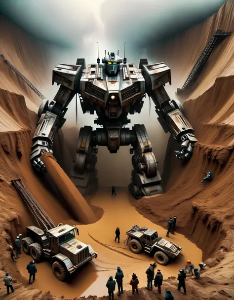 bird&#39;s eye view，（The huge scrap mecha is being pulled out of a huge pit），steel wire，The crane mech is covered in rust and running mud.，Broken body，muddy gravel，many people digging，Horrified spectators look into the pit，archaeological pit，on site，3D ren...