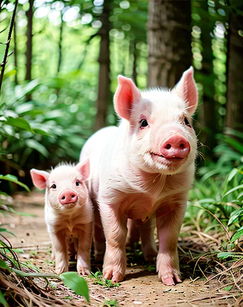 Pink parent and baby pig in the forest, Detailed pink parent and baby pig、masterpiece, 最high quality, high quality, High resolution,