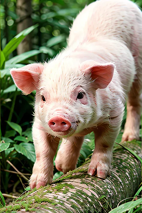 Pink parent and baby pig in the forest, Detailed pink parent and baby pig、masterpiece, 最high quality, high quality, High resolution,