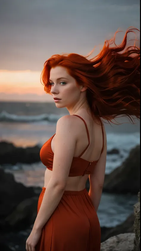 a photograph of a redhead woman with windswept tresses, her hair entangled like flames against a twilight sky, emanating untamed...