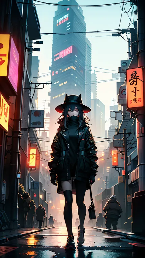 Please create a Japanese anime style character for a lofi music channel.. This character emphasizes a cyberpunk feel., Must be a female character wearing a mask and hat. For the background, imagine Tokyo with a cyberpunk feel.. The glowing neon signs and f...