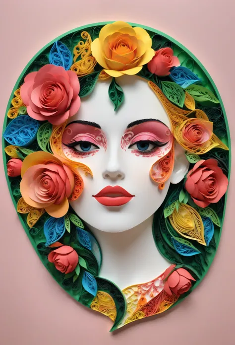 (paper art,layered paper art,paper quilling,paper-cut,paper sculpture),zentangle，3D rendering，Spring，(Beauty side face,close eyes:1.3)，(roses:1.2), Colorful