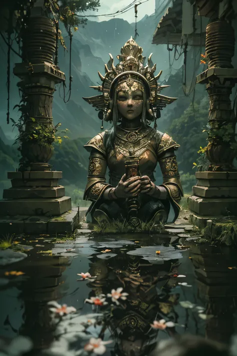 A forgotten ancient temple deep in the mountains、abandoned ritual vessels、Old broken mechanical dolls are thrown away、mechanical doll made of bronze、it&#39;s raining、puddle、rust is floating、The sun is shining through the clouds、creates a dramatic、cinematic...