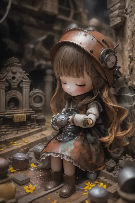 １mechanical doll、Image of Petra ruins、A forgotten ancient temple nestled in a cliff deep in the mountains、abandoned ritual vessels、バラバラの古いmechanical dollが捨てられている、青銅と陶磁器でできたmechanical doll、it&#39;s raining、puddle、rust is floating、The sun is shining through ...