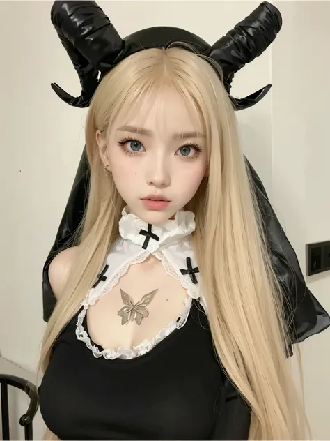 Blonde woman with long hair holding a white cell phone., retrato de kim petras, maquillaje popular de corea del sur, Retrato de Jossi de Blackpink, Parque Roseanne de Blackpink, ulzzang, maquillaje coreano popular, cruel korean gothic girl, ava max, con el...