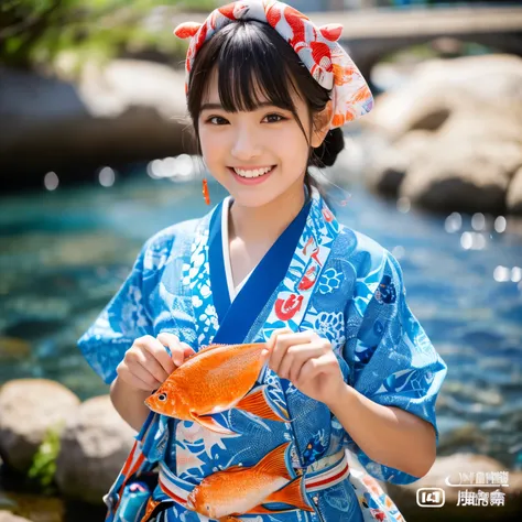 (8k、RAW photo、highest quality、masterpiece:1.2)、(realistic、Photoreal:1.35)、super detailed、超A high resolution、cinematic lighting、(((An idol who loves fish)))、(((26 year old girl in Japan)))、(((Wearing a cute yukata with a fish motif)))、(lots of fish:1.5)、cut...